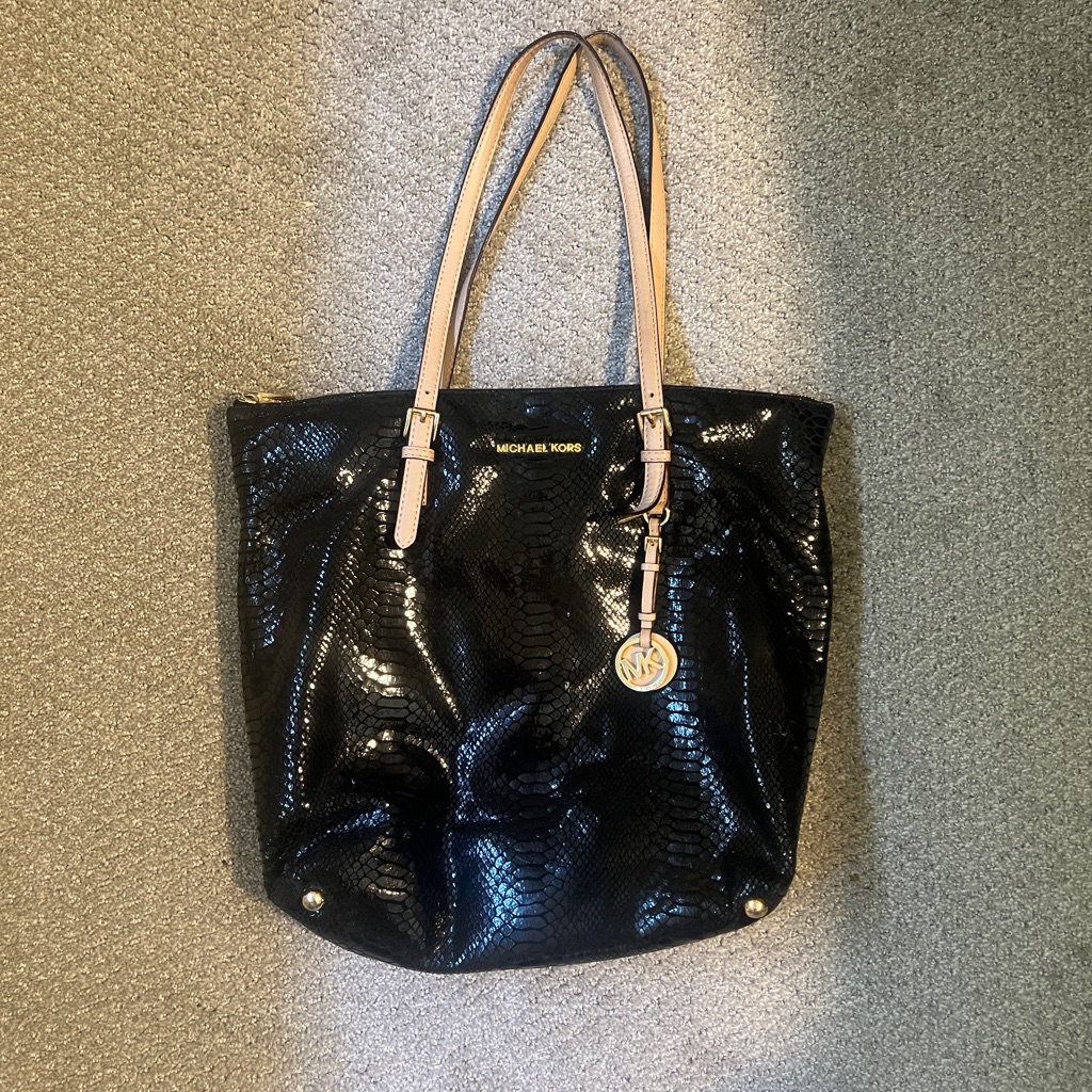 Michael Kors Black Patent Embossed Python Jet Set Tote
